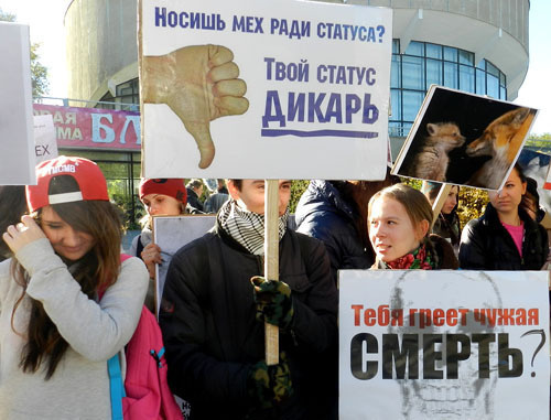 Участники антимехового марша потребовали прекратить использование животных в цирке и меховой индустрии. Волгоград, 20 октября 2013 г. Фото Татьяны Филимоновой для "Кавказского узла" Участники антимехового марша потребовали прекратить использование животных в цирке и меховой индустрии. Волгоград, 20 октября 2013 г. Фото Татьяны Филимоновой для "Кавказского узла"