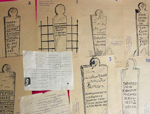 Зарисовки могильных памятников умерших в ссылке балкарцев. Фрагмент экспозиции  Мемориального музея жертв репрессий и геноцида балкарского народа 1944–1957 годов, http://www.gulagmuseum.org
