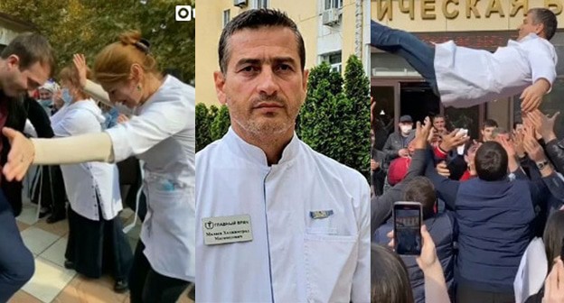 Хаджимурад Малаев (в центре). Коллаж "Кавказского узла". Скриншоты https://www.instagram.com/gkb.mkala/tagged/ Хаджимурад Малаев (в центре). Коллаж "Кавказского узла". Скриншоты https://www.instagram.com/gkb.mkala/tagged/