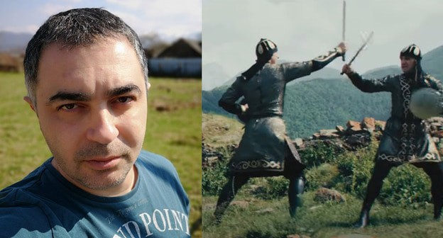 Заур Фарниев, бой реконструкторов на мечах в аланской одежде (кадр из видеоклипа Альбины и Фати Царикаевых "Аланы"). Коллаж "Кавказского узла", Фото с личной страницы Facebook, кадр видео https://www.youtube.com/watch?v=Tg4EJgAaMks&feature=emb_logo Заур Фарниев, бой реконструкторов на мечах в аланской одежде (кадр из видеоклипа Альбины и Фати Царикаевых "Аланы"). Коллаж "Кавказского узла", Фото с личной страницы Facebook, кадр видео https://www.youtube.com/watch?v=Tg4EJgAaMks&feature=emb_logo