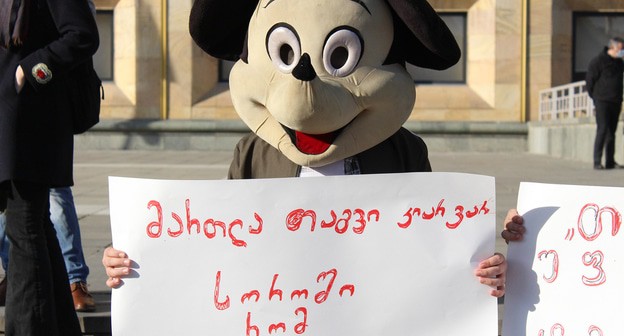 Участники митинга в Тбилиси. На плакате: "Я - не мышь, чтобы меня заперли в норке". Фото Инны Кукуджановой для "Кавказского узла" Участники митинга в Тбилиси. На плакате: "Я - не мышь, чтобы меня заперли в норке". Фото Инны Кукуджановой для "Кавказского узла"