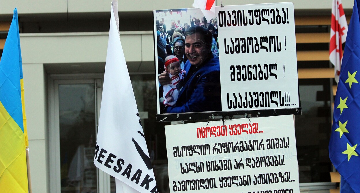 На плакатах: "Свободу! Строителю! Родины! Саакашвили!!!" и "Знайте все! Всемирного реформатора Мишу! Народ не оставит в тюрьме! Выйдете все на акции!.. Долой!.. Похитителей выборов, воров-оккупантов!!!..." Фото Инны Кукуджановой для "Кавказского узла" На плакатах: "Свободу! Строителю! Родины! Саакашвили!!!" и "Знайте все! Всемирного реформатора Мишу! Народ не оставит в тюрьме! Выйдете все на акции!.. Долой!.. Похитителей выборов, воров-оккупантов!!!..." Фото Инны Кукуджановой для "Кавказского узла"