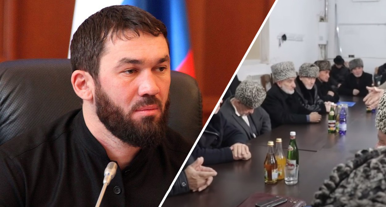 Магомед Даудов, участники заседания совета тейпов Ингушетии. Фото: пресс-служба парламента Чеченской Республики, кадр видео "Обращение к чеченскому и ингушскому народам". https://www.youtube.com/watch?v=47Fp6BnVB_o Магомед Даудов, участники заседания совета тейпов Ингушетии. Фото: пресс-служба парламента Чеченской Республики, кадр видео "Обращение к чеченскому и ингушскому народам". https://www.youtube.com/watch?v=47Fp6BnVB_o