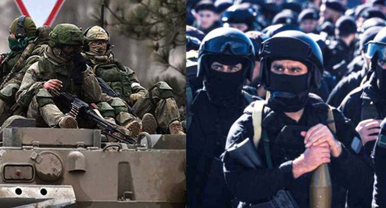 Чеченские бойцы на Украине во время спецоперации. Коллаж "Кавказского узла" Фото: «Грозный-информ», Информационное агентство Чеченской Республики https://www.grozny-inform.ru/news/society/136423/ Чеченские бойцы на Украине во время спецоперации. Коллаж "Кавказского узла" Фото: «Грозный-информ», Информационное агентство Чеченской Республики https://www.grozny-inform.ru/news/society/136423/