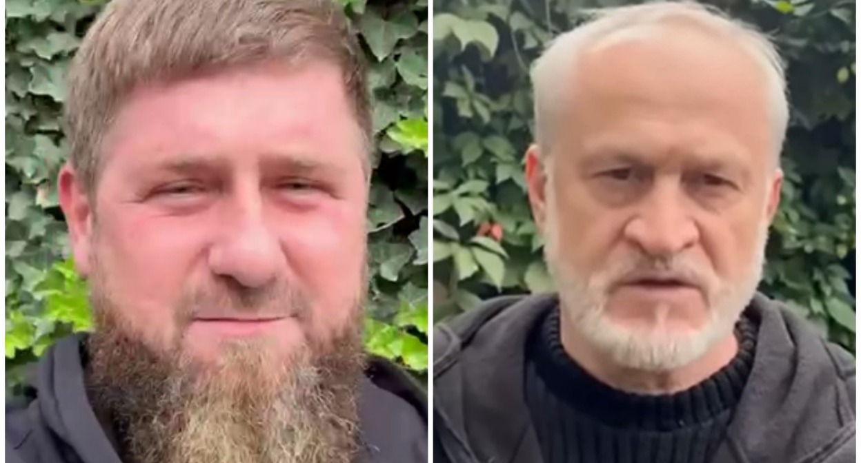 Рамзан Кадыров и Ахмед Закаев. Стоп-кадр видео из Telegram-канала Кадырова (https://t.me/RKadyrov_95/2847) и YouTube-канала Закаева (https://www.youtube.com/watch?v=STH9b-IxHqQ) от 21.09.22 Рамзан Кадыров и Ахмед Закаев. Стоп-кадр видео из Telegram-канала Кадырова (https://t.me/RKadyrov_95/2847) и YouTube-канала Закаева (https://www.youtube.com/watch?v=STH9b-IxHqQ) от 21.09.22