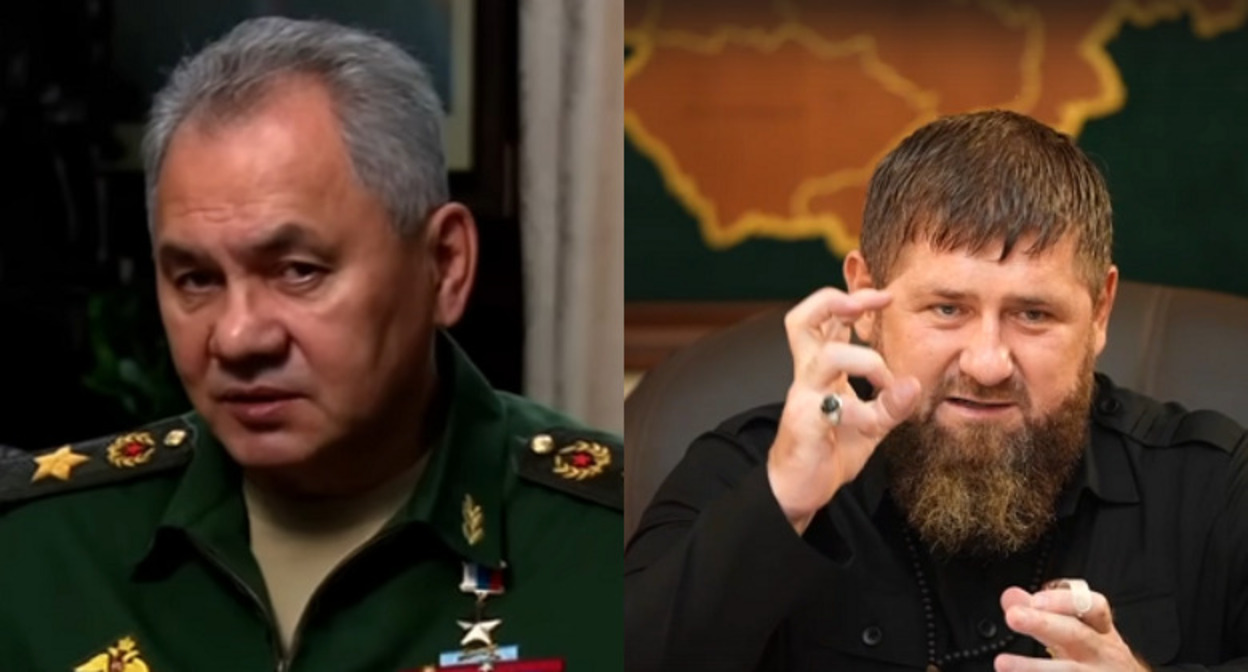 Сергей Шойгу. Кадр видеообращения, показанного 21 сентября 2022 года, YouTube-канал "Реальное время" / Рамзан Кадыров, кадр видео со страницы "ВКонтакте", 3 октября 2022 года. Коллаж "Кавказского узла". Сергей Шойгу. Кадр видеообращения, показанного 21 сентября 2022 года, YouTube-канал "Реальное время" / Рамзан Кадыров, кадр видео со страницы "ВКонтакте", 3 октября 2022 года. Коллаж "Кавказского узла".