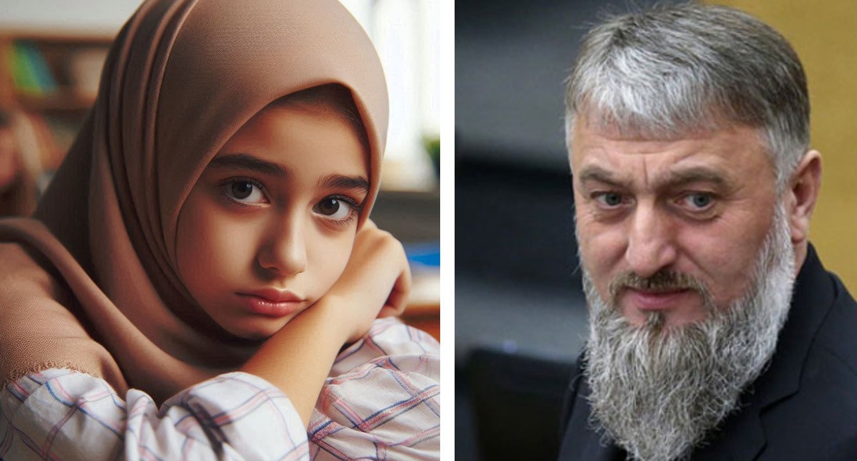 Школьница в хиджабе и Адам Делимханов. Коллаж "Кавказского узла". Фото: "Грозный Информ" https://www.grozny-inform.ru/
Иллюстрация создана с помощью программы Copilot