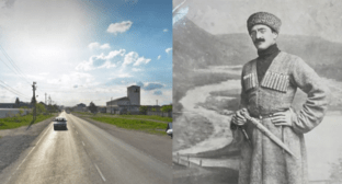 Улица Катханова (фото панорамы с сервиса Яндекс.Карты https://yandex.ru/maps/) и Назир Катханов (фото https://arhiv.kbr.ru/news/publikatsii/khotel-sovmestit-nesovmestimoe-k-130-letiyu-voennogo-gosudarstvennogo-deyatelya-katkhanova-nazira-adilgerievicha-1891-1928-gg-.html). Коллаж 