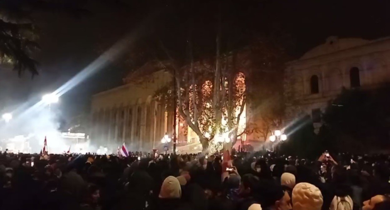 На акции протеста в Тбилиси. 1 декабря 2024 года. Кадр из видео https://t.me/netgazetirussian/5856