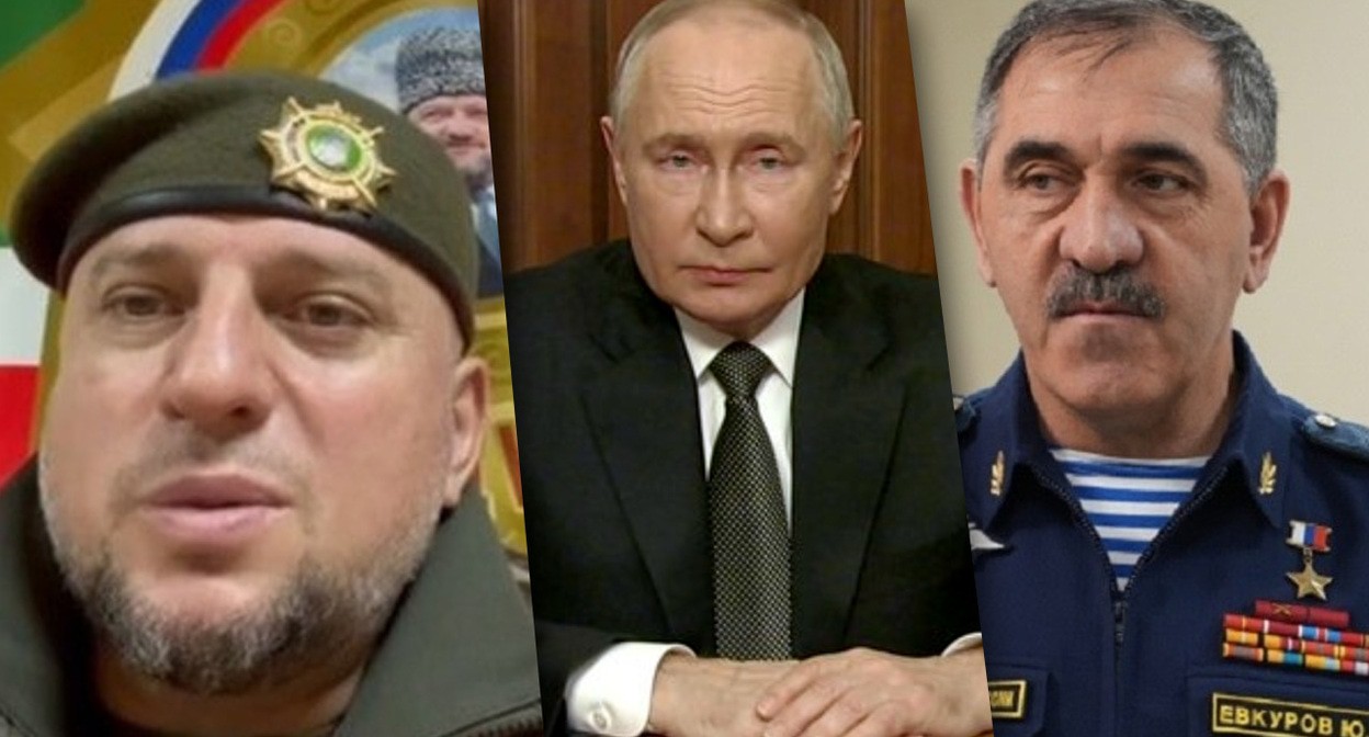 Апти Алаудинов, Владимир Путин и Юнус-Бек Евкуров. Коллаж "Кавказского Узла". Фото: http://www.kremlin.ru/ Фото: официальный сайт Минобороны России Кадр видео из телеграм-канала Апти Алаудинова https://t.me/AptiAlaudinovAKHMAT/5739

 
