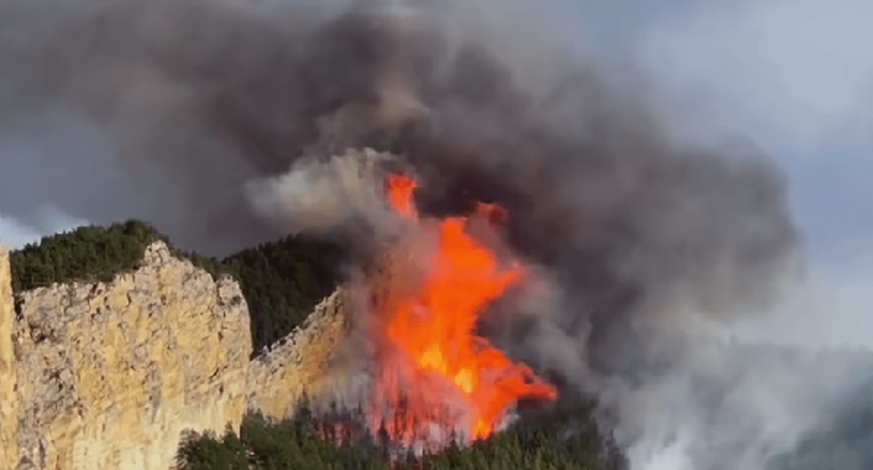 Лесной пожар близ села Инкучимахи. Стоп-кадр видео из Instagram*-паблика (деятельность компании Meta, владеющей соцсетью, запрещена в России) Inkuchimahi от 05.04.25, https://www.instagram.com/p/DIEabF0tk7-/