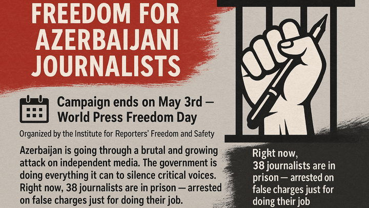 Баннер кампании на сайте GoFundMe. https://www.gofundme.com/f/freedom-for-azerbaijani-journalists?attribution_id=sl:e20306fc-12ee-4de7-84ab-5373228518f1&lang=en_US&utm_campaign=fp_sharesheet&utm_medium=customer&utm_source=copy_link