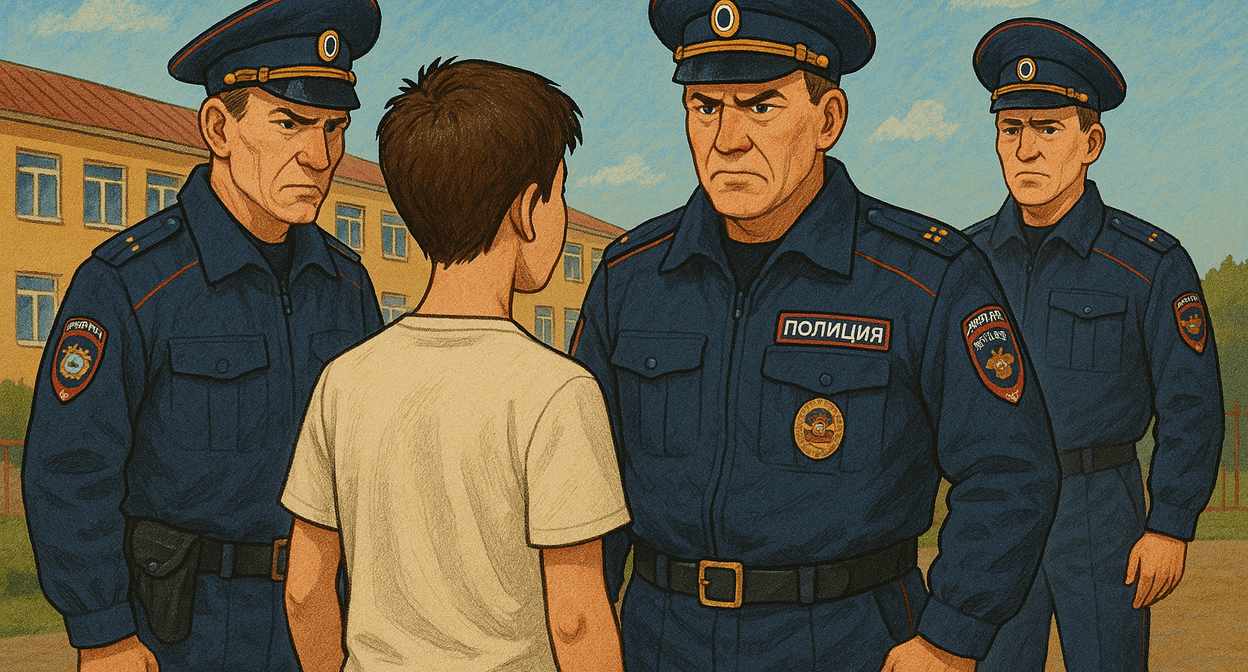 Подросток и полицейские. Иллюстрация создана «Кавказским узлом» с помощью ИИ в программе Copilot
