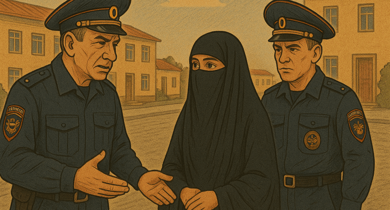 Девушка в никабе и полицейские. Иллюстрация создана «Кавказским узлом» с помощью ИИ в программе Copilot