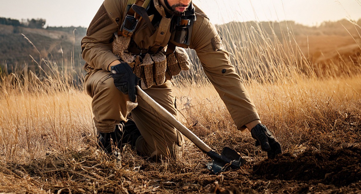 Сапер в поисках мин. Иллюстрация создана "Кавказским узлом" с помощью ИИ в программе Photoshop