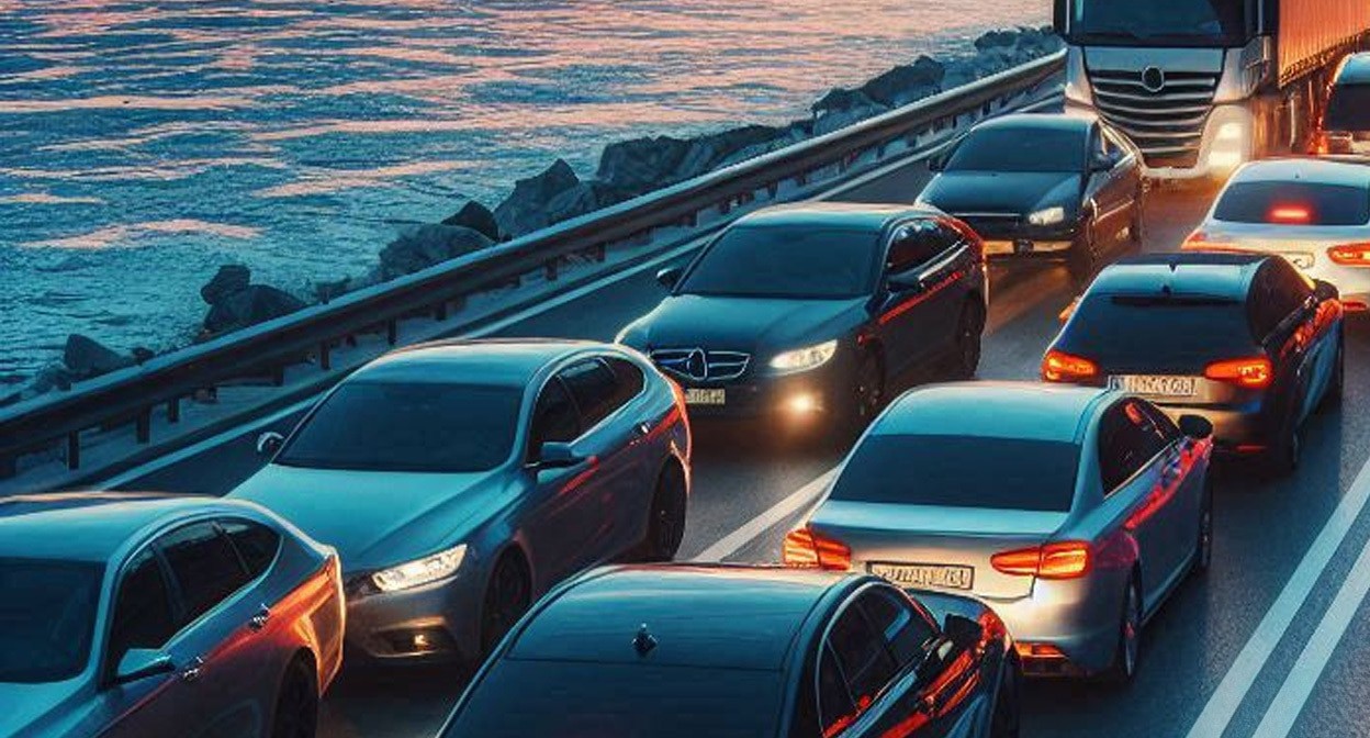 Пробка перед мостом. Иллюстрация создана «Кавказским узлом» с помощью ИИ в программе Copilot