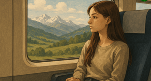 Девушка в поезде. Иллюстрация создана 