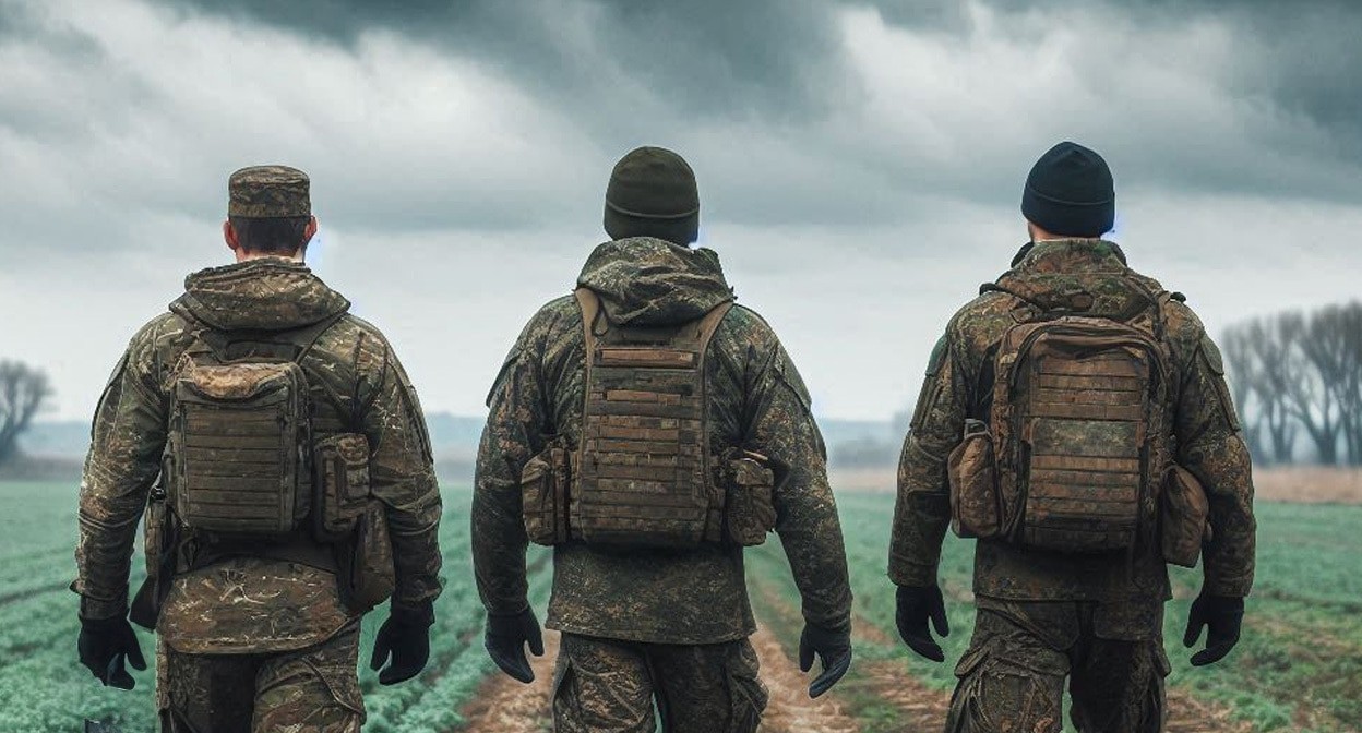 Военные на СВО. Иллюстрация создана «Кавказским узлом» с помощью ИИ в программе Copilot