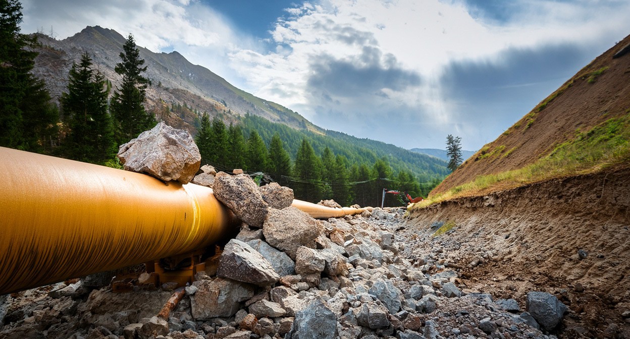 Камнепад повредил газопровод. Иллюстрация создана "Кавказским узлом" с помощью ИИ в программе Photoshop