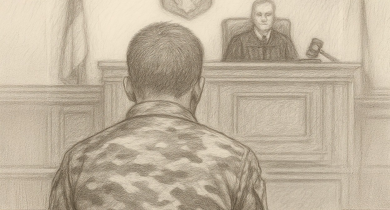 Военные в суде. Иллюстрация создана "Кавказским узлом" с помощью ИИ в программе Copilot