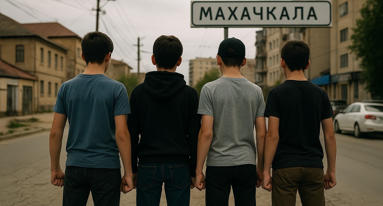 Подростки на улицах Махачкалы. Иллюстрация создана «Кавказским узлом» с помощью ИИ в программе Copilot