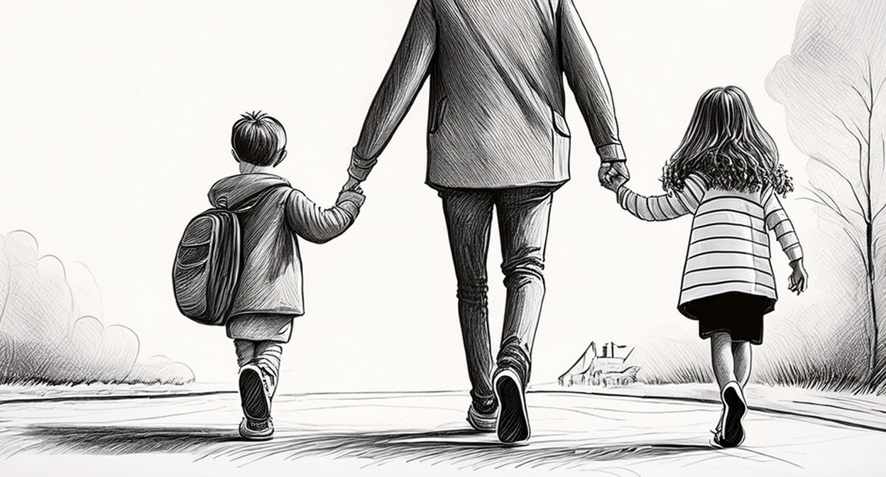 Отец увозит детей. Иллюстрация создана «Кавказским узлом» с помощью ИИ в программе Photoshop