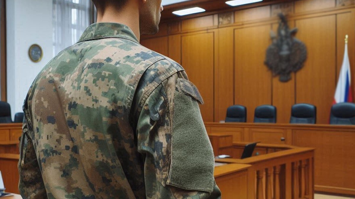 Военнослужащий в суде. Иллюстрация создана "Кавказским узлом" с помощью ИИ в программе Copilot
