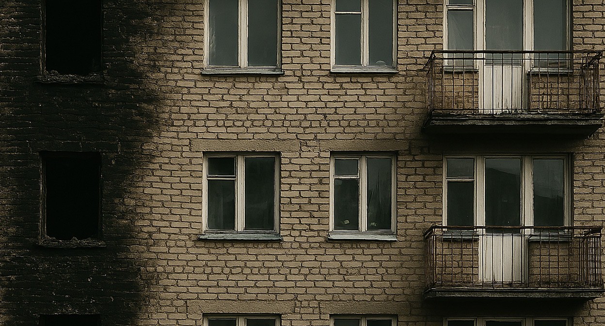 Стена дома, пострадавшего от пожара. Иллюстрация создана "Кавказским узлом" с помощью ИИ в программе Copilot