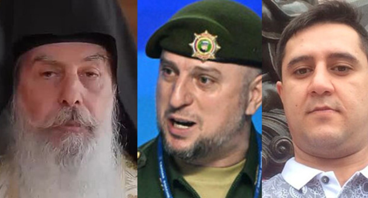 Схиигумен Гавриил, Апти Алаудинов, Арег Щепихин (слева направо). Коллаж "Кавказского узла". Фото: https://grozny.tv/news/army/65926, личная страница Арега Щепихин вКонтакте, скриншот видео проповеди схиигумена Гавриила