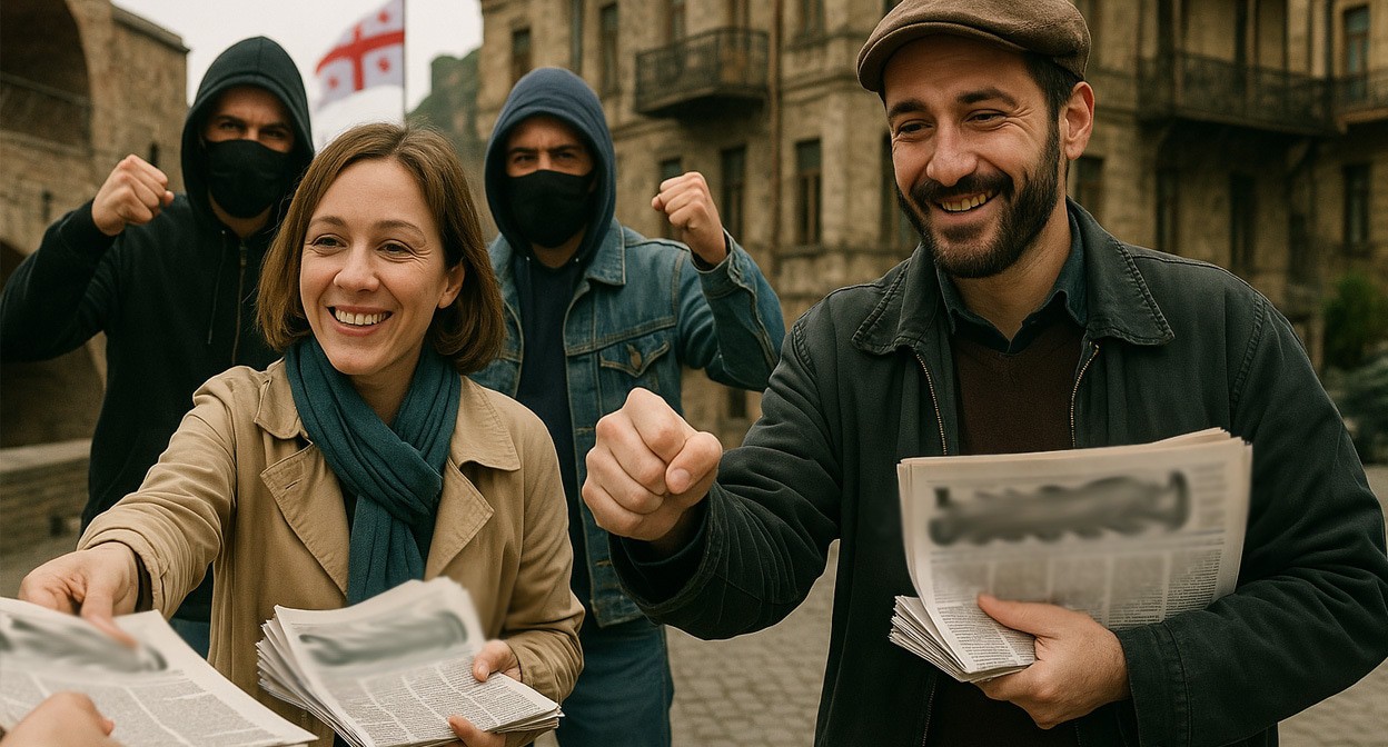 Нападение на активистов. Иллюстрация создана «Кавказским узлом» с помощью ИИ в программе Copilot