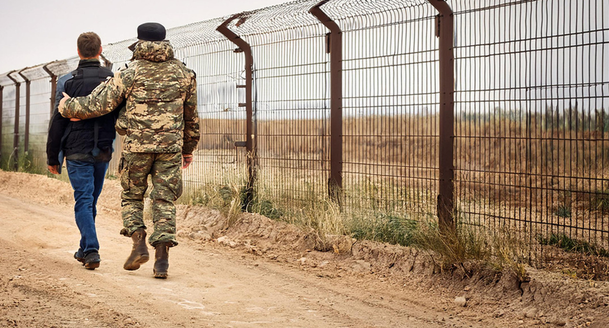 Задержание на границе. Иллюстрация создана "Кавказским узлом" с помощью ИИ в программе Photoshop.