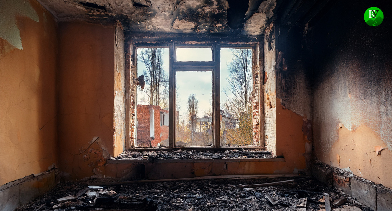 Комната после пожара. Иллюстрация создана «Кавказским узлом» с помощью ИИ в программе Copilot