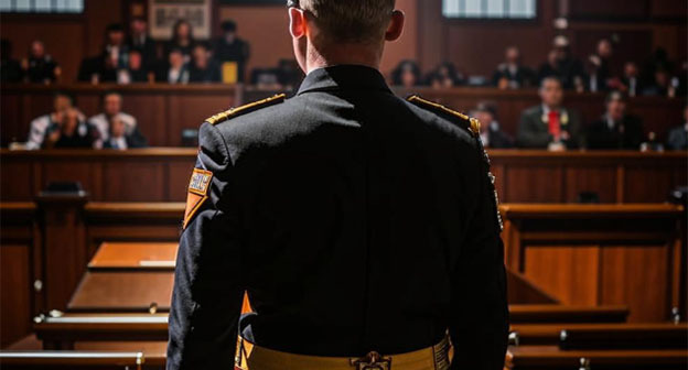 Военнослужащий в зале суда. Иллюстрация "Кавказского узла", созданная при помощи программы Copilot
