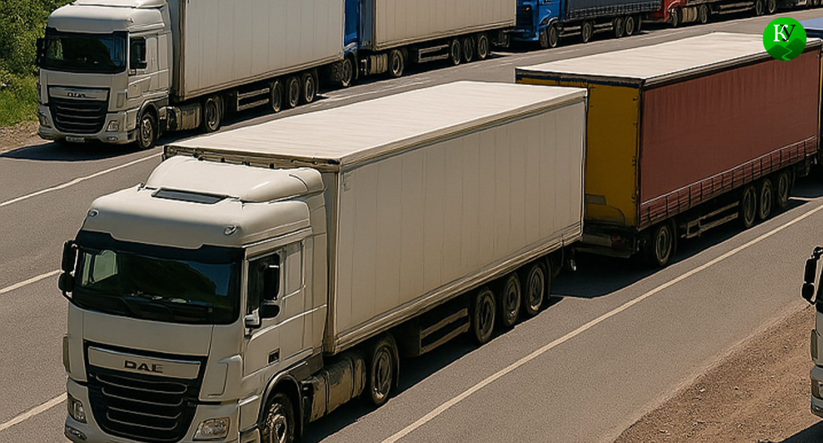 Грузовики в очереди. Иллюстрация создана «Кавказским узлом» с помощью ИИ в программе Copilot