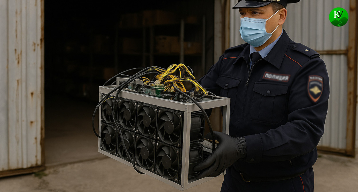 Полицейский с майнинг-оборудованием. Иллюстрация создана "Кавказским узлом" с помощью ИИ в программе Copilot
