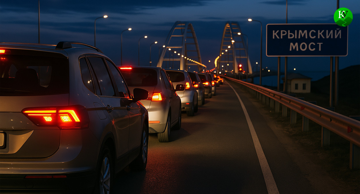 Пробка на Крымском мосту. Иллюстрация создана «Кавказским узлом» с помощью ИИ в программе Copilot
