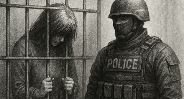 Девушка и сотрудник полиции в тюрьме. Иллюстрация "Кавказского узла", созданная при помощи программы Copilot