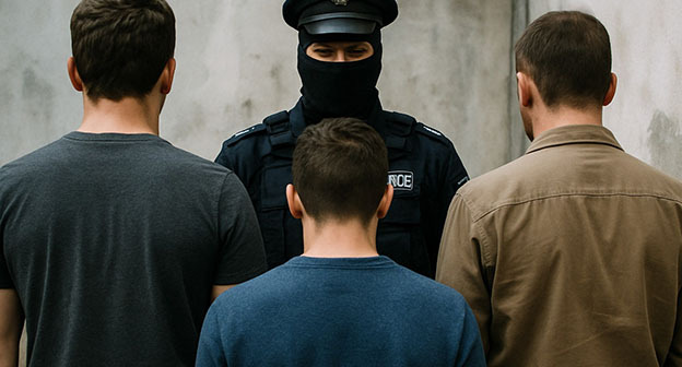 Молодые люди и сотрудник правоохранительных органов. Иллюстрация "Кавказского узла", созданная при помощи программы Copilot