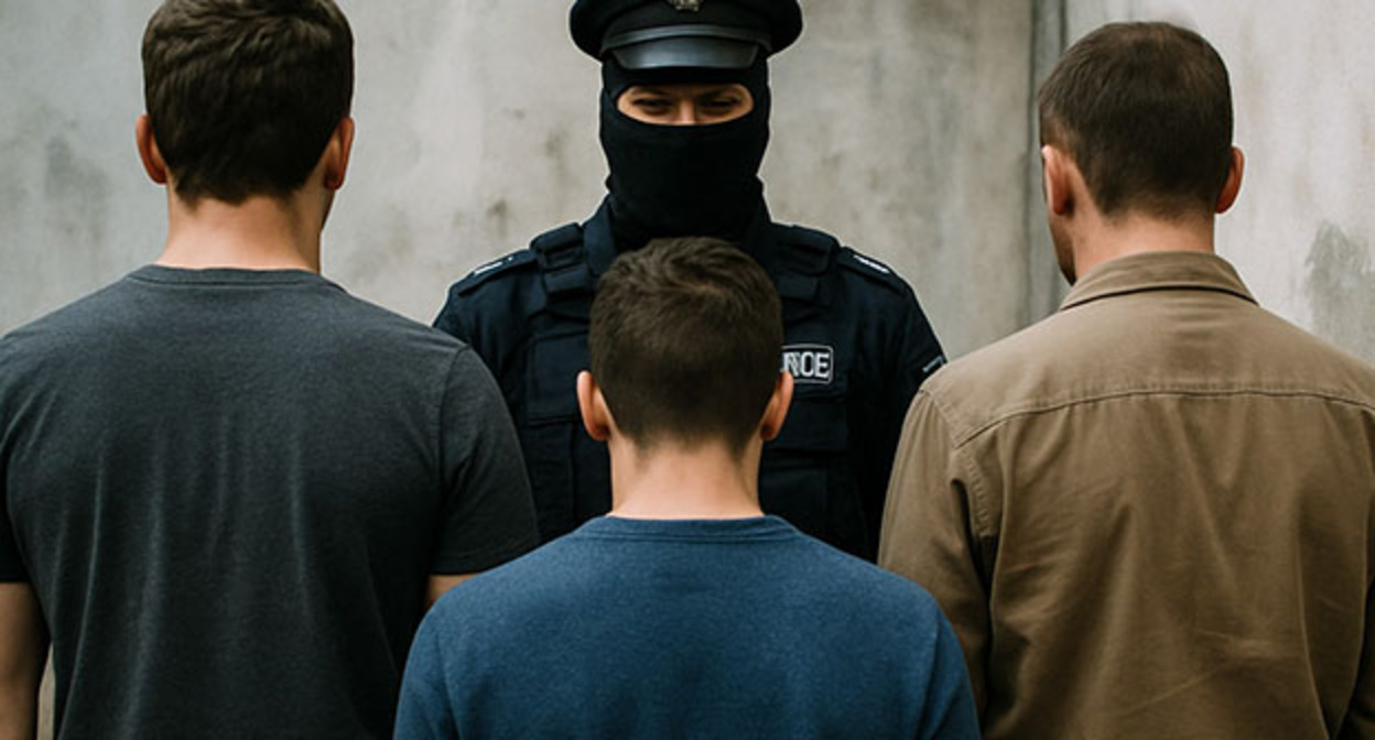 Молодые люди и сотрудник правоохранительных органов. Иллюстрация "Кавказского узла", созданная при помощи программы Copilot