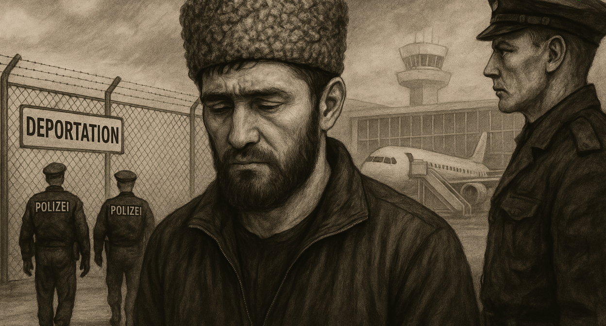 Депортация уроженца Чечни. Иллюстрация создана "Кавказским узлом" с помощью ИИ в программе Copilot.