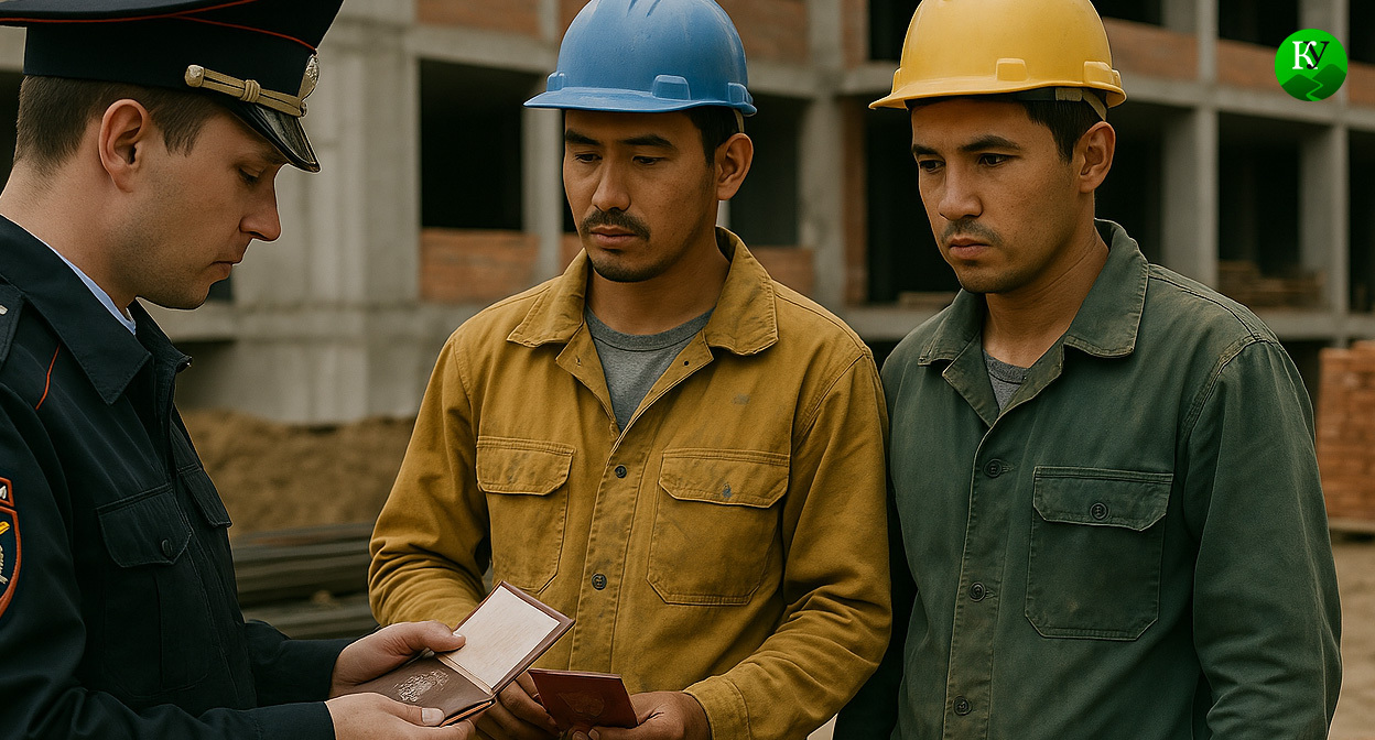 Полицейский проверяет документы у мигрантов. Иллюстрация создана "Кавказским узлом" с помощью ИИ в программе Copilot