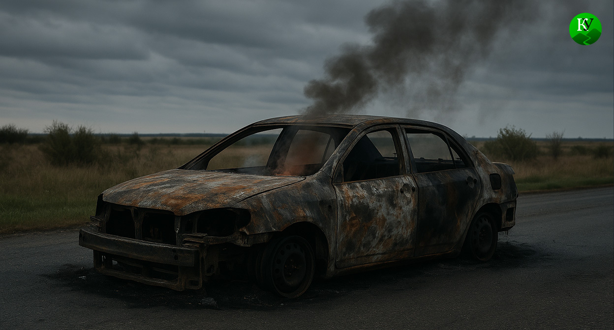 Обгоревшая машина. Иллюстрация создана "Кавказским узлом" с помощью ИИ в программе Copilot