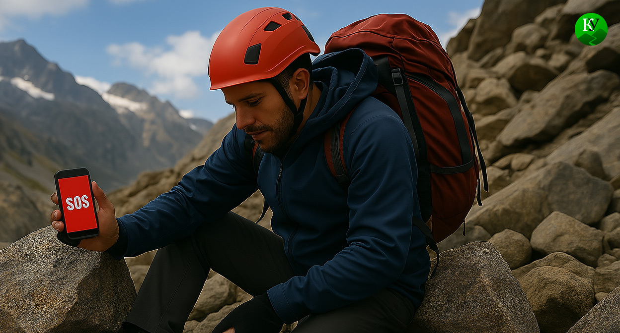 Альпинист в горах вызывает помощь. Иллюстрация создана «Кавказским узлом» с помощью ИИ в программе Copilot