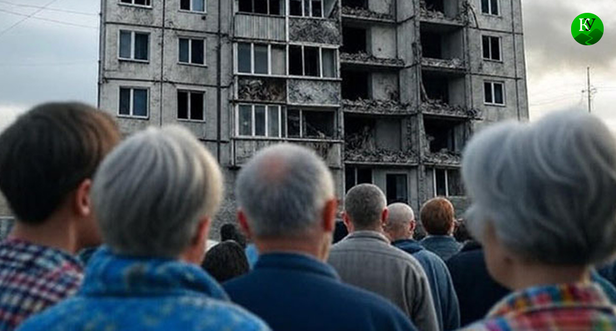 Люди стоят возле разрушенного дома. Иллюстрация "Кавказского узла", созданная при помощи программы Copilot