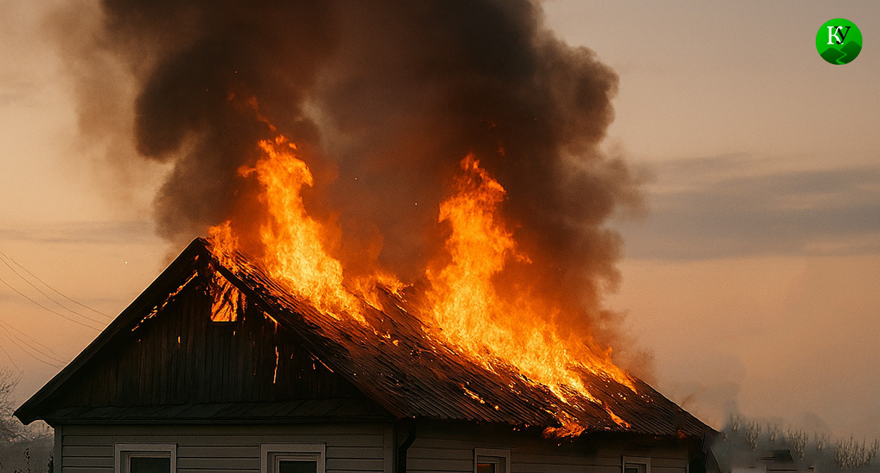 Горит крыша дома. Иллюстрация создана "Кавказским узлом" с помощью ИИ в программе Copilot