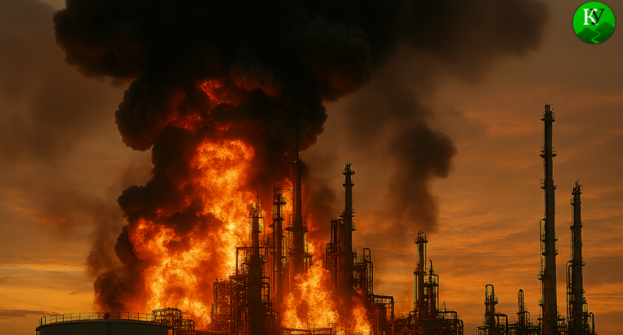 Пожар на нефтезаводе. Изображение создано "Кавказским узлом" при помощи ИИ в программе Copilot.