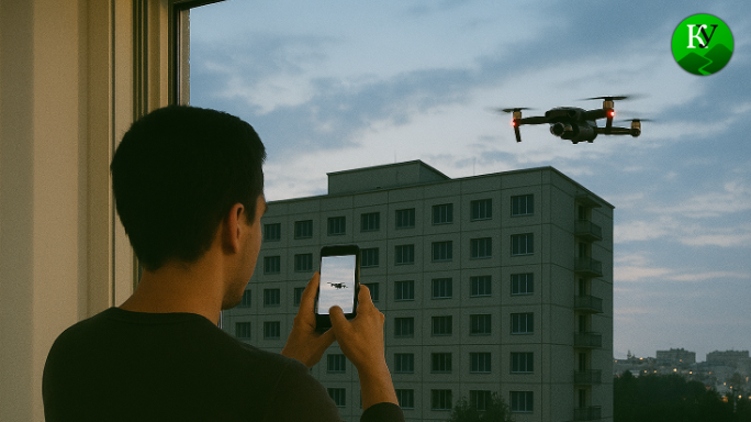 Юноша снимает на мобильный телефон летящий беспилотник. Изображение создано "Кавказским узлом" при помощи ИИ в программе Copilot.