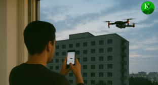 Юноша снимает на мобильный телефон летящий беспилотник. Изображение создано 