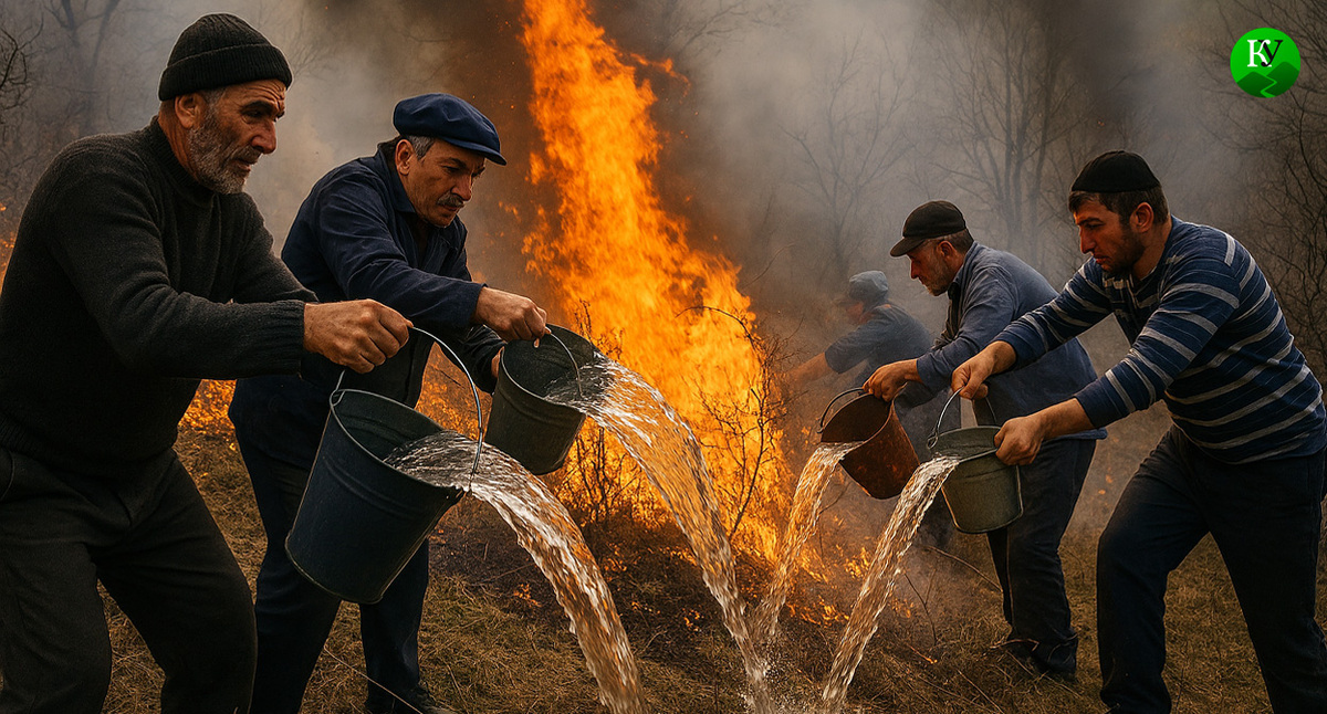 Жители дагестанского села тушат пожар. Иллюстрация создана "Кавказским узлом" с помощью ИИ в программе Copilot