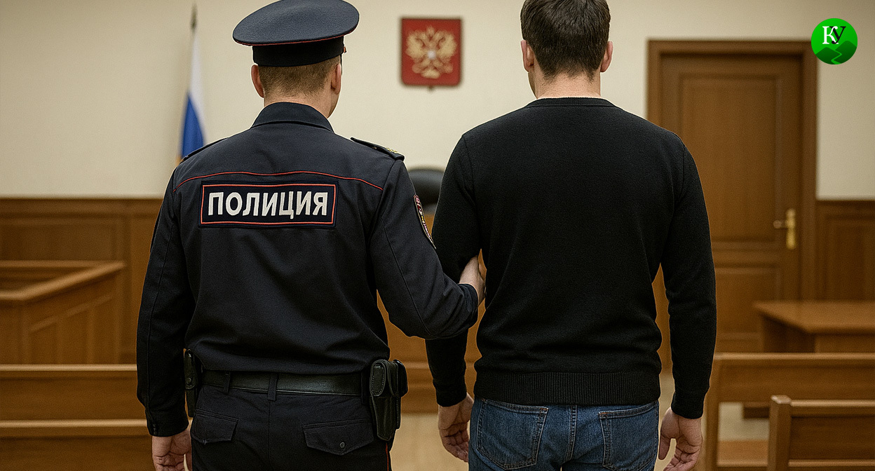 Полицейски выводит арестованного из зала суда. Иллюстрация создана «Кавказским узлом» с помощью ИИ в программе Copilot